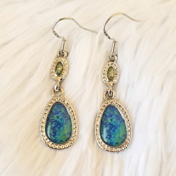 Silvertone Blue Green Stone Dangle Earrings - Picture 4 of 4
